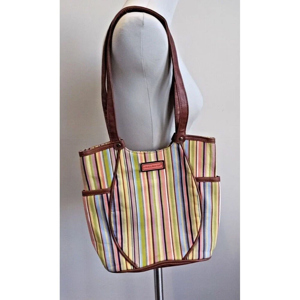 Longaberger Tote Bag Multicolor Stiped Brown Leather Handles and Bottom Pockets